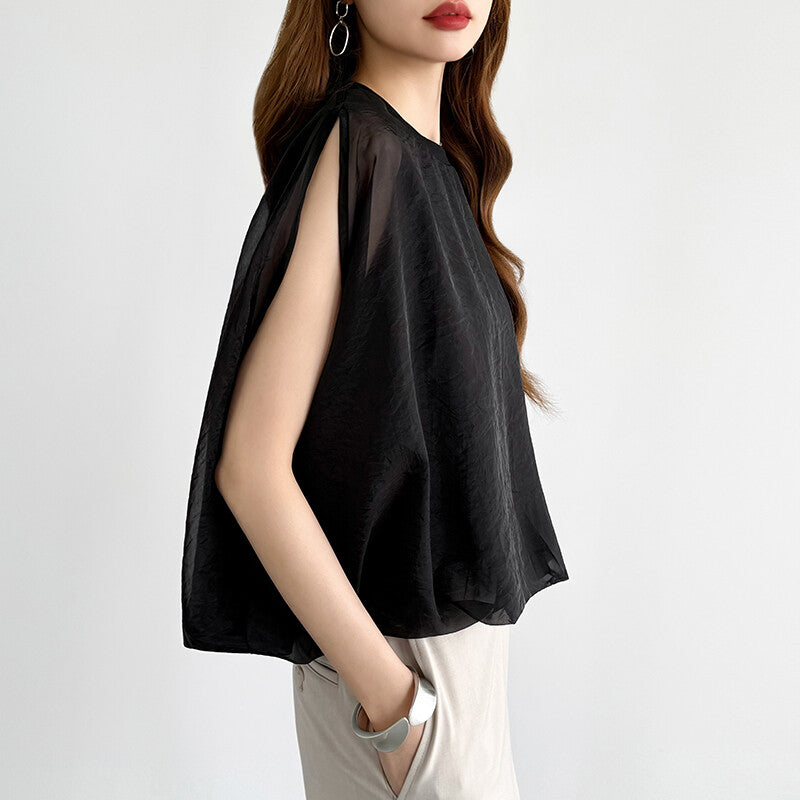 Organza Sheer Blouse | Balloon Silhouette Docking Top -  Écru Doux