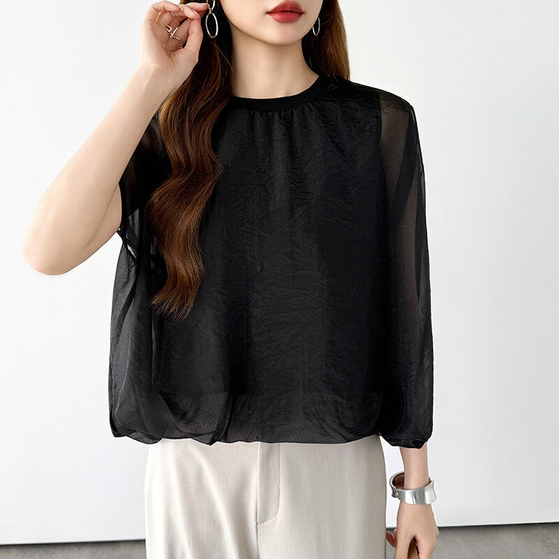 Organza Sheer Blouse | Balloon Silhouette Docking Top -  Écru Doux
