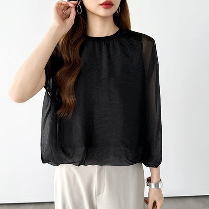 Organza Sheer Blouse | Balloon Silhouette Docking Top -  Écru Doux