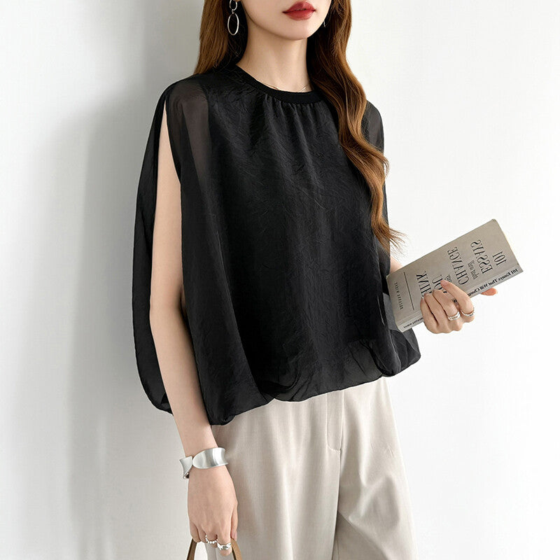Organza Sheer Blouse | Balloon Silhouette Docking Top -  Écru Doux