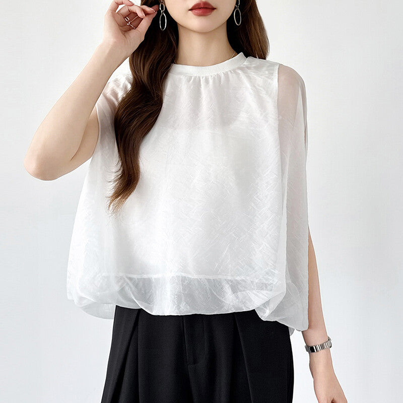 Organza Sheer Blouse | Balloon Silhouette Docking Top -  Écru Doux