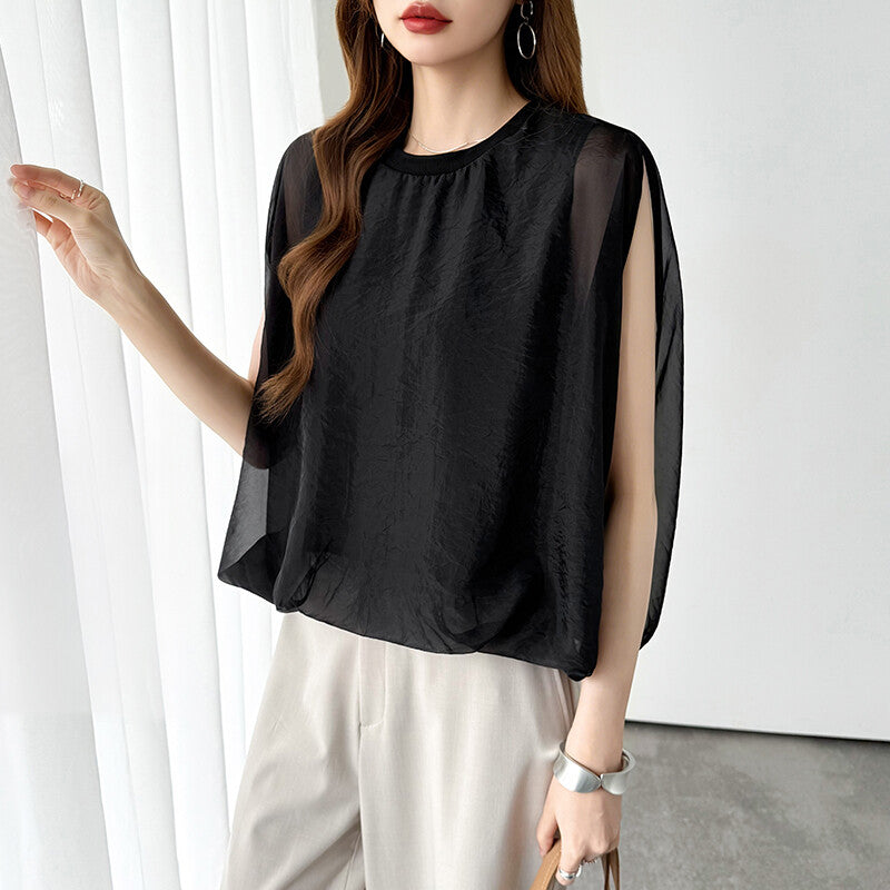 Organza Sheer Blouse | Balloon Silhouette Docking Top -  Écru Doux
