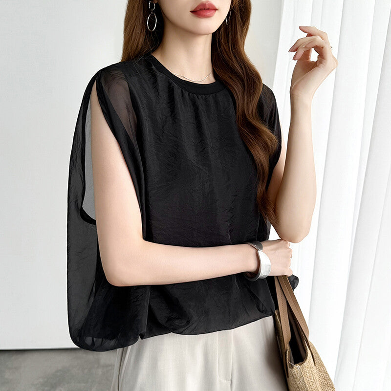 Organza Sheer Blouse | Balloon Silhouette Docking Top -  Écru Doux