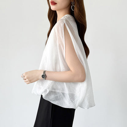 Organza Sheer Blouse | Balloon Silhouette Docking Top -  Écru Doux