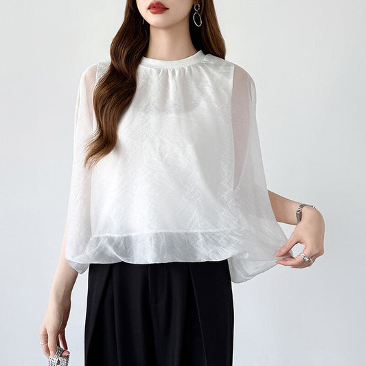 Organza Sheer Blouse | Balloon Silhouette Docking Top -  Écru Doux