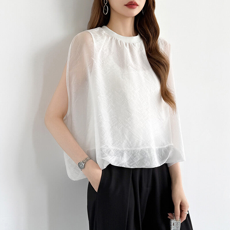 Organza Sheer Blouse | Balloon Silhouette Docking Top -  Écru Doux