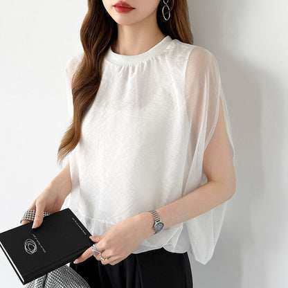 Organza Sheer Blouse | Balloon Silhouette Docking Top -  Écru Doux
