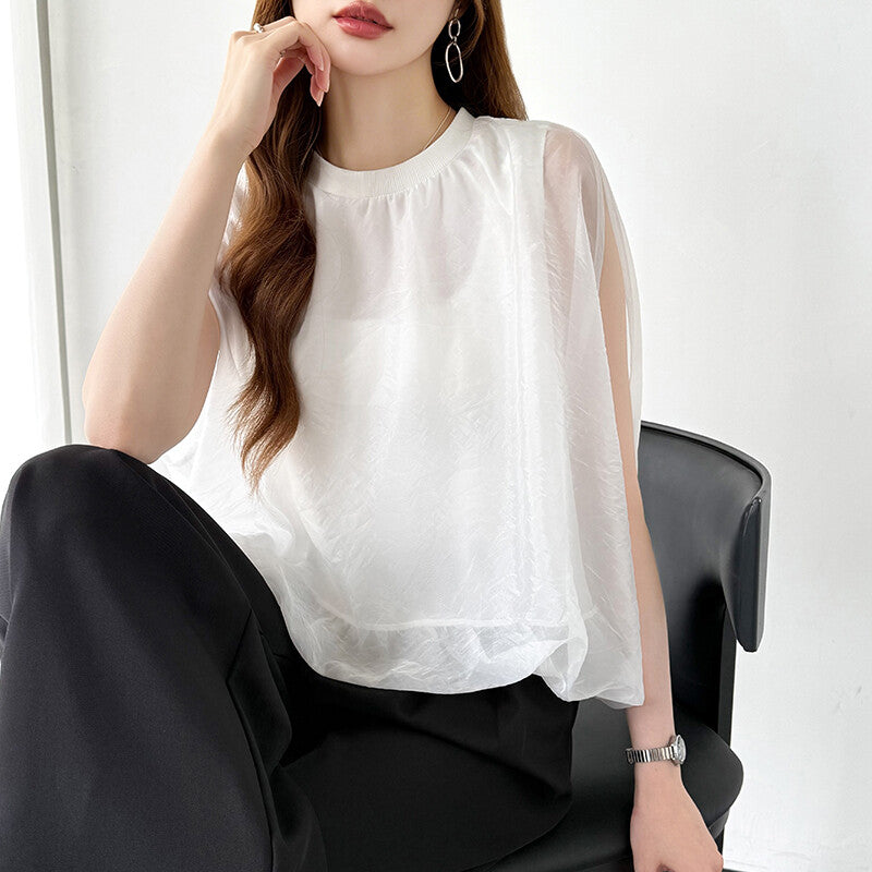Organza Sheer Blouse | Balloon Silhouette Docking Top -  Écru Doux