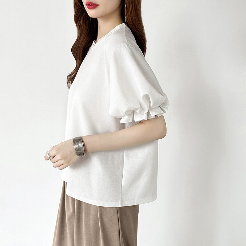 Balloon Sleeve T-Shirt | Puff Sleeve Cotton Tee for Women -  Écru Doux