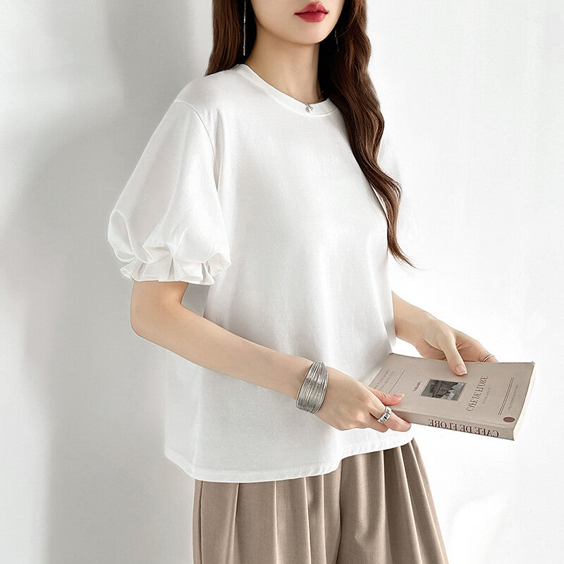 Balloon Sleeve T-Shirt | Puff Sleeve Cotton Tee for Women -  Écru Doux