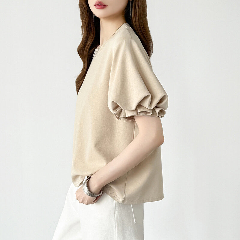 Balloon Sleeve T-Shirt | Puff Sleeve Cotton Tee for Women -  Écru Doux