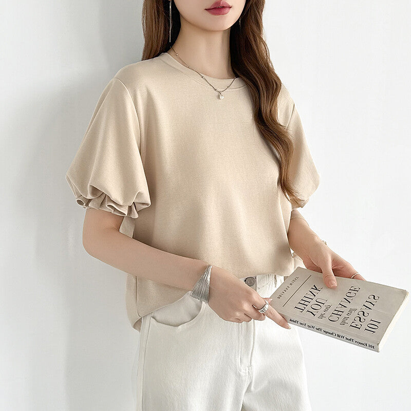Balloon Sleeve T-Shirt | Puff Sleeve Cotton Tee for Women -  Écru Doux
