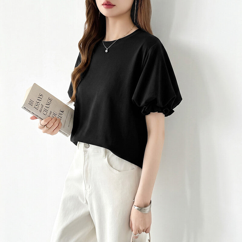 Balloon Sleeve T-Shirt | Puff Sleeve Cotton Tee for Women -  Écru Doux