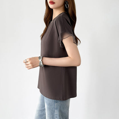 Sheer Tulle Sleeve Cotton T-Shirt | Short Sleeve Top -  Écru Doux