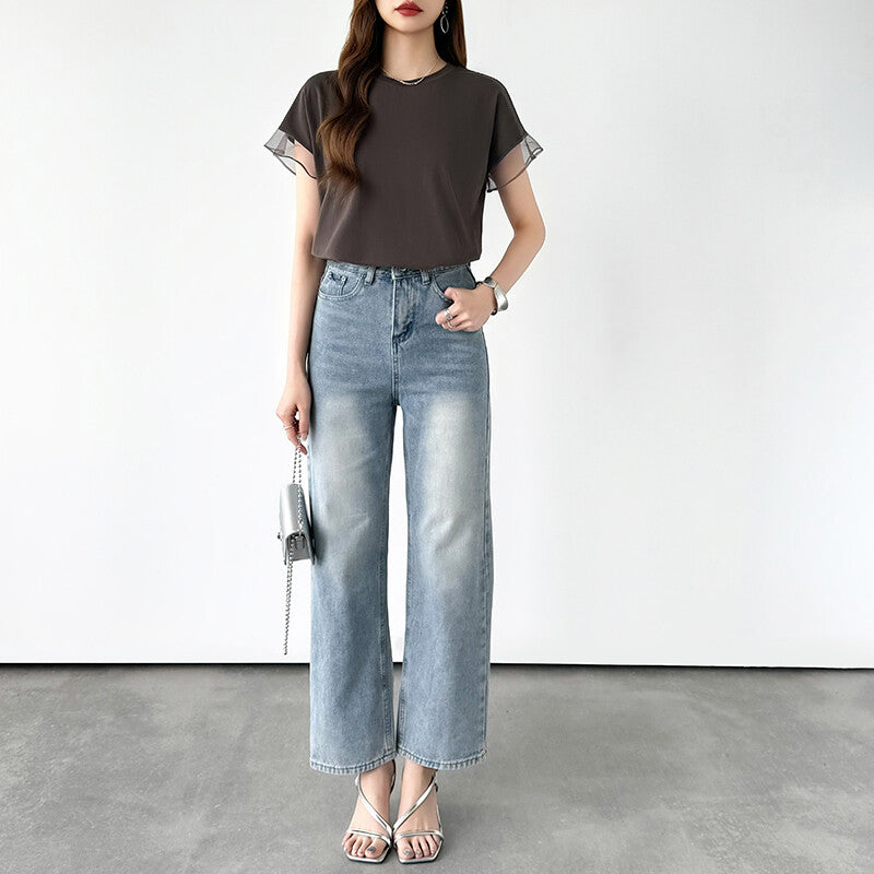 Sheer Tulle Sleeve Cotton T-Shirt | Short Sleeve Top -  Écru Doux