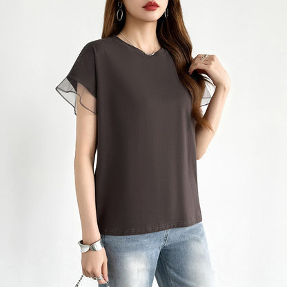 Sheer Tulle Sleeve Cotton T-Shirt | Short Sleeve Top -  Écru Doux