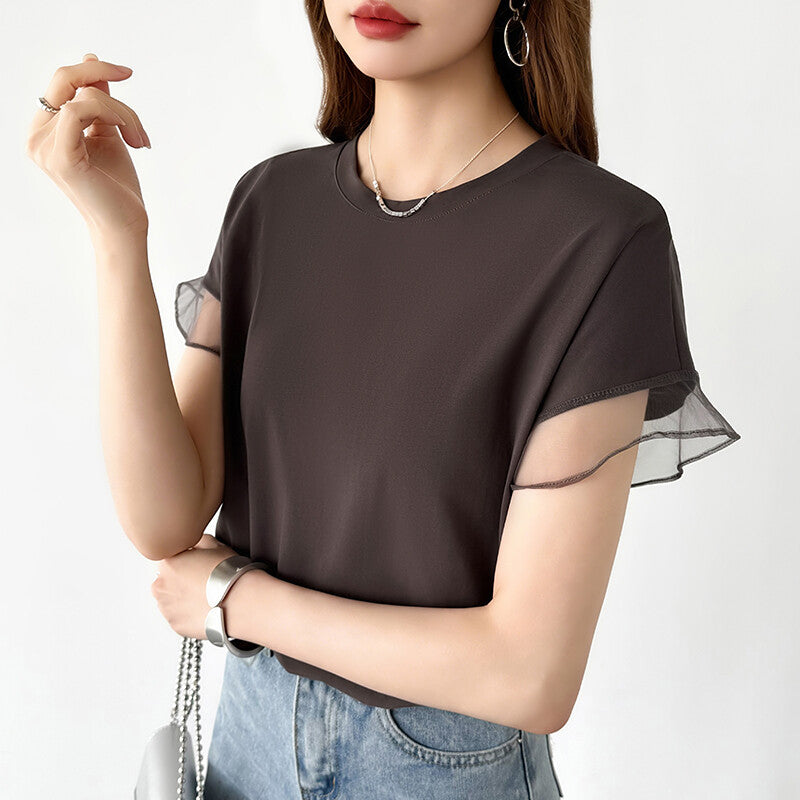 Sheer Tulle Sleeve Cotton T-Shirt | Short Sleeve Top -  Écru Doux