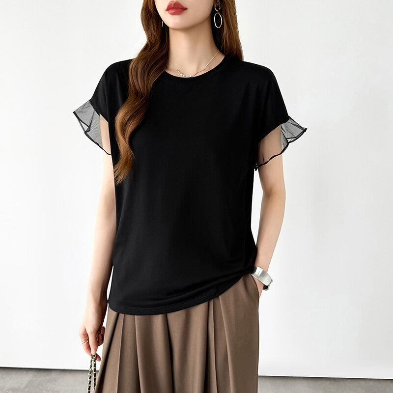 Sheer Tulle Sleeve Cotton T-Shirt | Short Sleeve Top -  Écru Doux