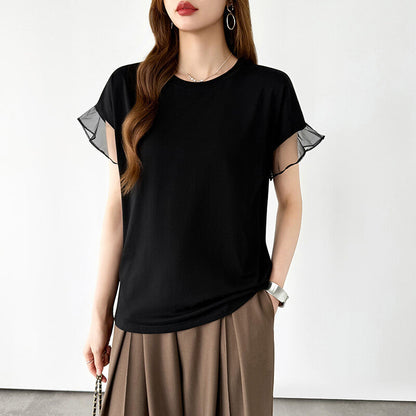 Sheer Tulle Sleeve Cotton T-Shirt | Short Sleeve Top -  Écru Doux