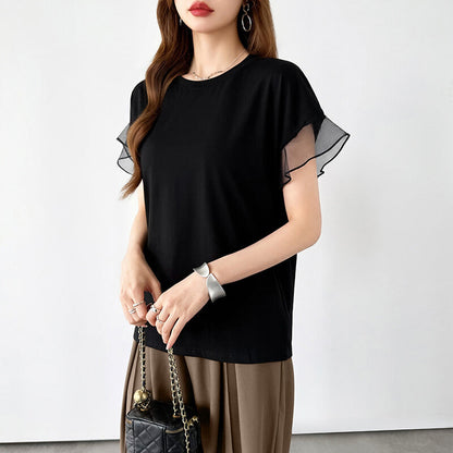Sheer Tulle Sleeve Cotton T-Shirt | Short Sleeve Top -  Écru Doux