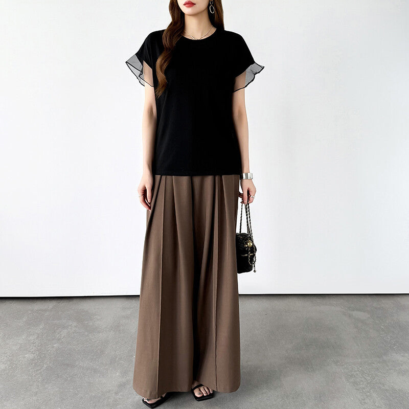 Sheer Tulle Sleeve Cotton T-Shirt | Short Sleeve Top -  Écru Doux
