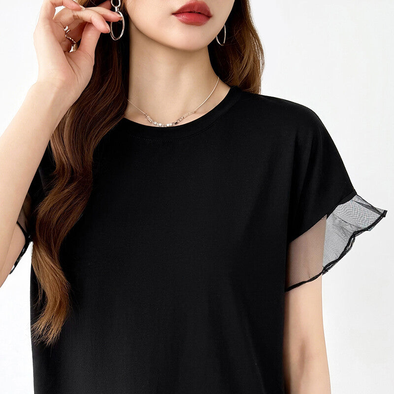 Sheer Tulle Sleeve Cotton T-Shirt | Short Sleeve Top -  Écru Doux