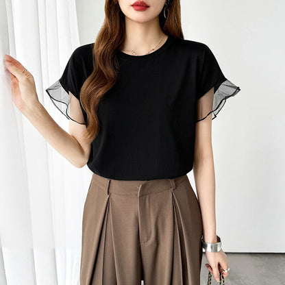 Sheer Tulle Sleeve Cotton T-Shirt | Short Sleeve Top -  Écru Doux