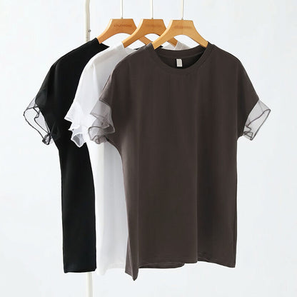 Sheer Tulle Sleeve Cotton T-Shirt | Short Sleeve Top -  Écru Doux