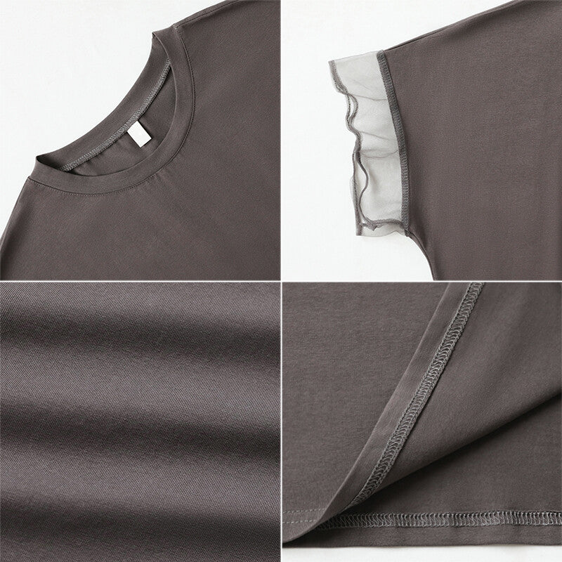 Sheer Tulle Sleeve Cotton T-Shirt | Short Sleeve Top -  Écru Doux