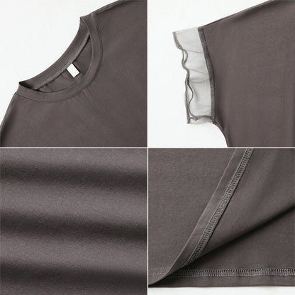 Sheer Tulle Sleeve Cotton T-Shirt | Short Sleeve Top -  Écru Doux