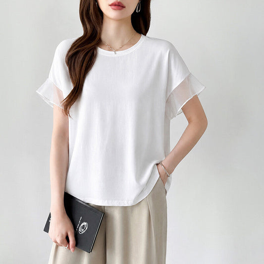 Sheer Tulle Sleeve Cotton T-Shirt | Short Sleeve Top -  Écru Doux