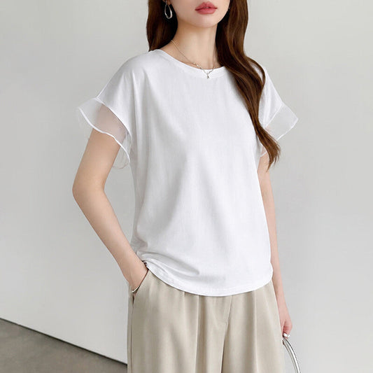 Sheer Tulle Sleeve Cotton T-Shirt | Short Sleeve Top -  Écru Doux
