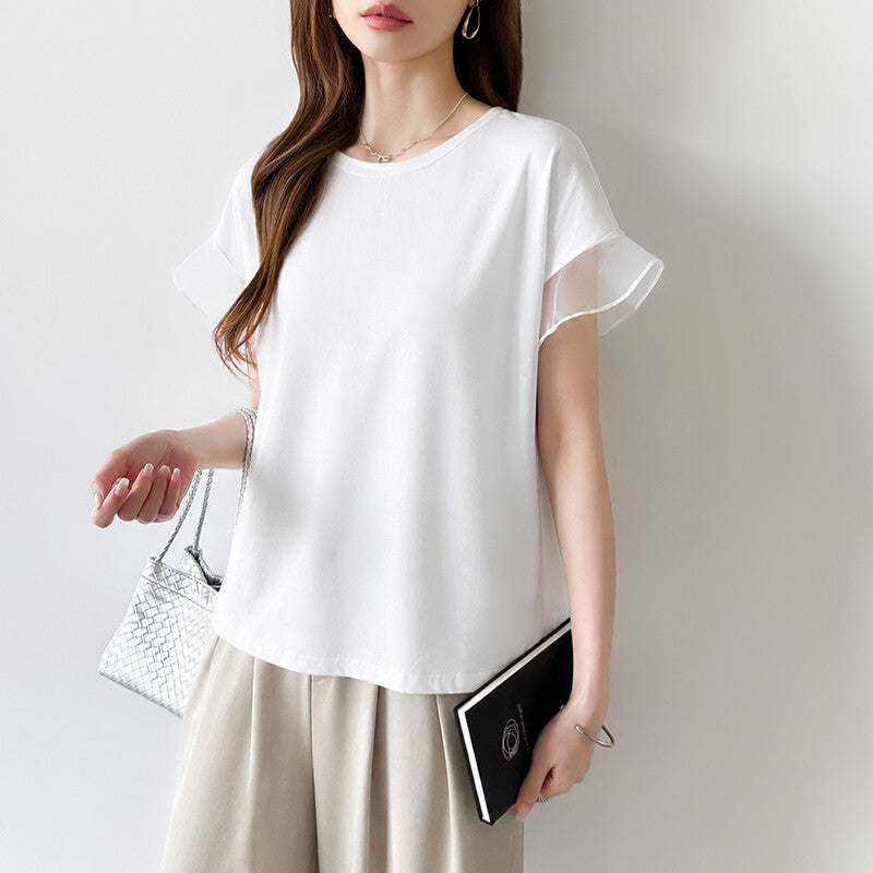 Sheer Tulle Sleeve Cotton T-Shirt | Short Sleeve Top -  Écru Doux