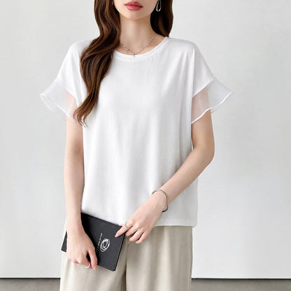 Sheer Tulle Sleeve Cotton T-Shirt | Short Sleeve Top -  Écru Doux
