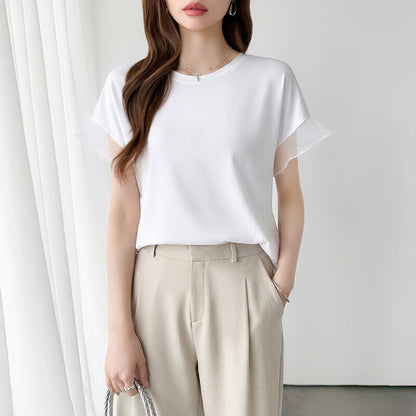 Sheer Tulle Sleeve Cotton T-Shirt | Short Sleeve Top -  Écru Doux