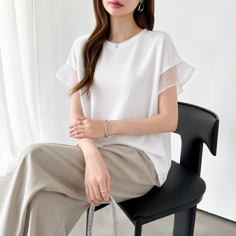 Sheer Tulle Sleeve Cotton T-Shirt | Short Sleeve Top -  Écru Doux