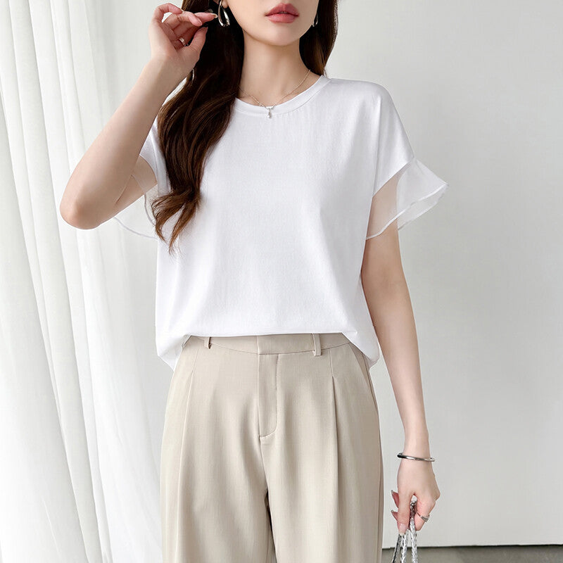 Sheer Tulle Sleeve Cotton T-Shirt | Short Sleeve Top -  Écru Doux