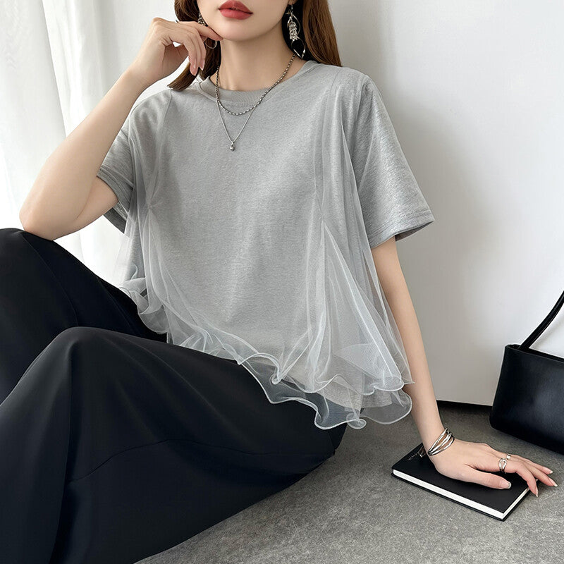 Tulle Docking T-Shirt | Double Frill Peplum Cotton Top -  Écru Doux