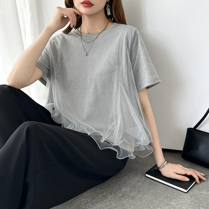 Tulle Docking T-Shirt | Double Frill Peplum Cotton Top -  Écru Doux