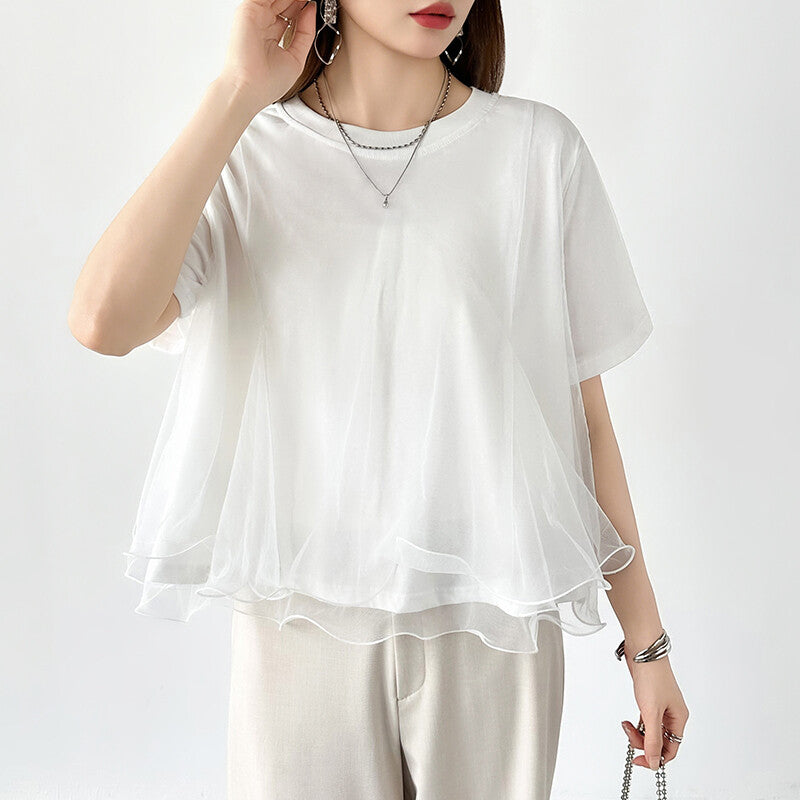 Tulle Docking T-Shirt | Double Frill Peplum Cotton Top -  Écru Doux