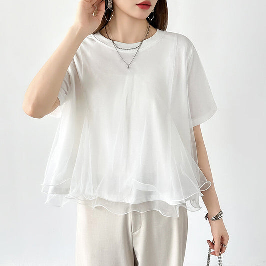 Tulle Docking T-Shirt | Double Frill Peplum Cotton Top -  Écru Doux