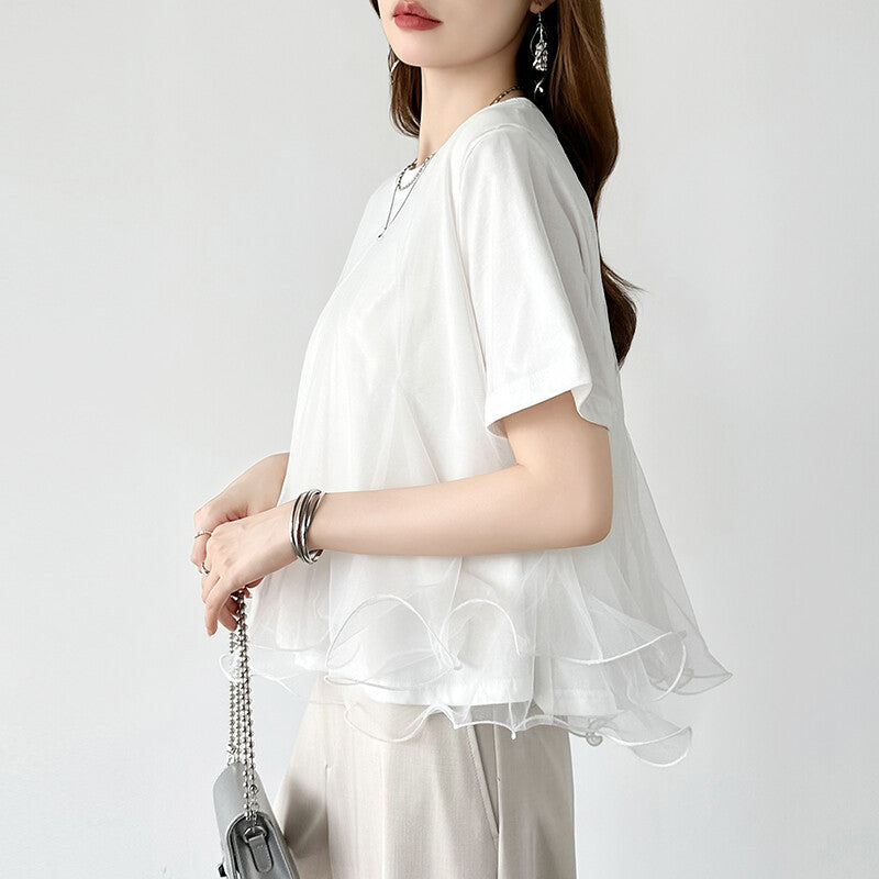 Tulle Docking T-Shirt | Double Frill Peplum Cotton Top -  Écru Doux