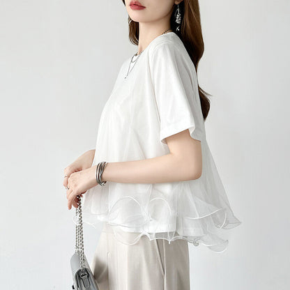 Tulle Docking T-Shirt | Double Frill Peplum Cotton Top -  Écru Doux