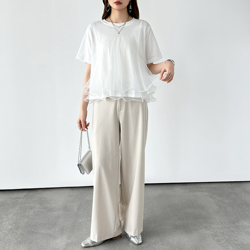 Tulle Docking T-Shirt | Double Frill Peplum Cotton Top -  Écru Doux