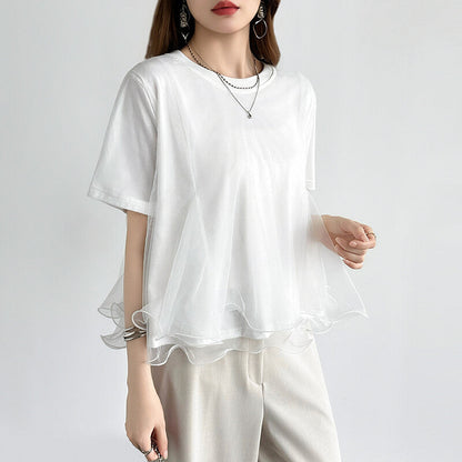 Tulle Docking T-Shirt | Double Frill Peplum Cotton Top -  Écru Doux