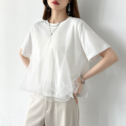 Tulle Docking T-Shirt | Double Frill Peplum Cotton Top -  Écru Doux