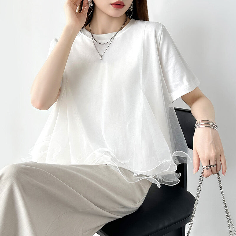 Tulle Docking T-Shirt | Double Frill Peplum Cotton Top -  Écru Doux