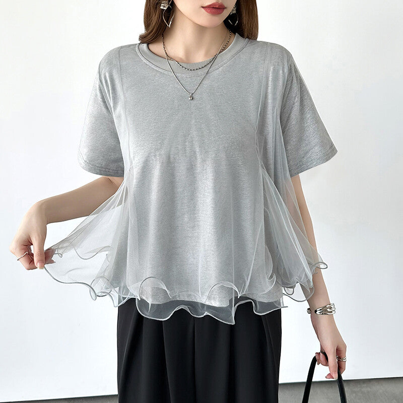 Tulle Docking T-Shirt | Double Frill Peplum Cotton Top -  Écru Doux