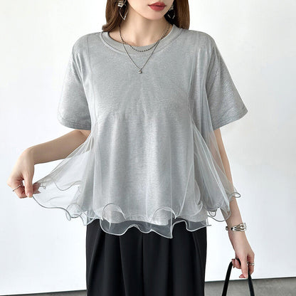 Tulle Docking T-Shirt | Double Frill Peplum Cotton Top -  Écru Doux