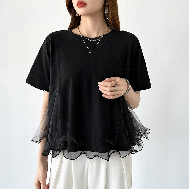 Tulle Docking T-Shirt | Double Frill Peplum Cotton Top -  Écru Doux